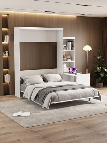 Queen Size Murphy Bed Wall Cabinet with 2 Wardrobes and Storage Shelf, White E955210
