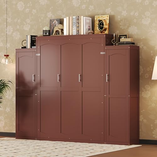 Queen Size Murphy Bed Wall Cabinet with 2 Wardrobes and Storage Shelf, White E955210
