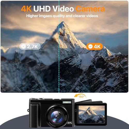 4K Digital Camera for Vlogging with 180° Flip Screen, SD Card & 2 Batteries T2211