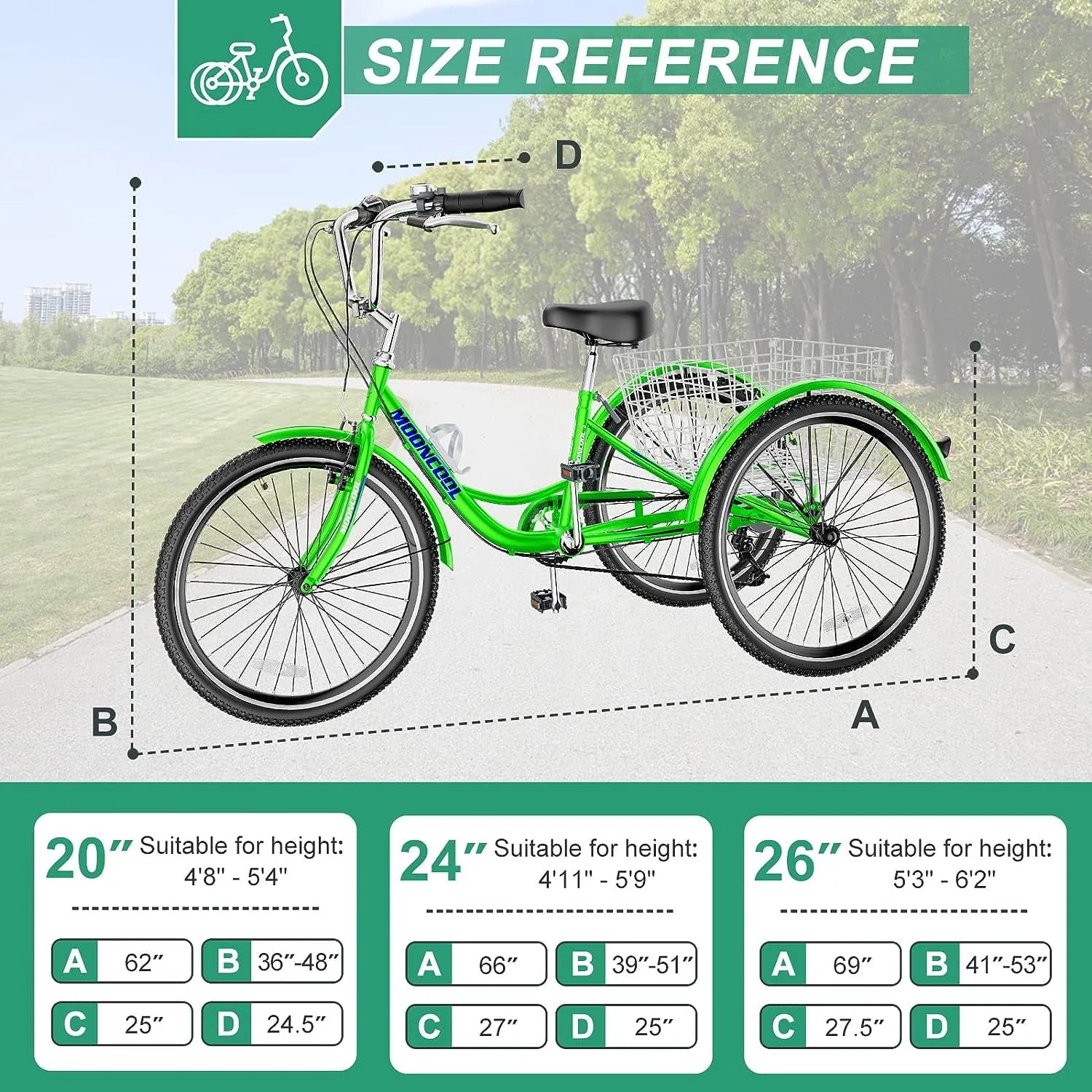 FICISOG 26 Adult Tricycle, 3 Wheel 7 Speed, 450lbs Capacity with Basket X547