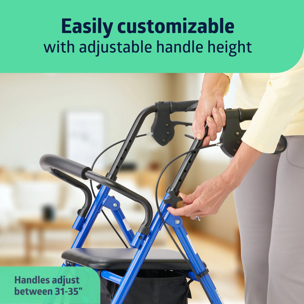 Medline Steel Rollator Walker for Adult, Blue, 350 lb Capacity J290028