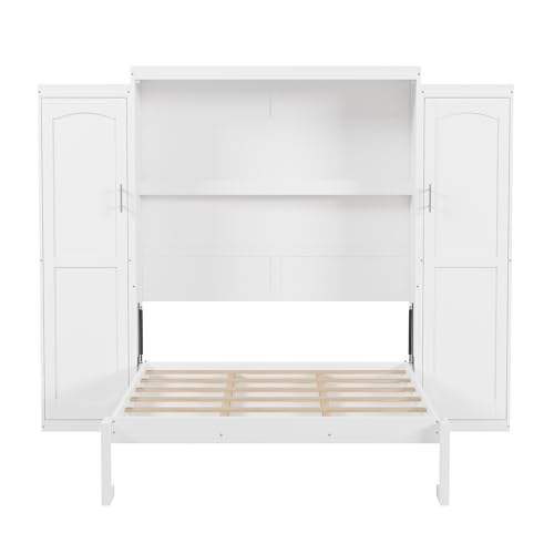 Queen Size Murphy Bed Wall Cabinet with 2 Wardrobes and Storage Shelf, White E955210