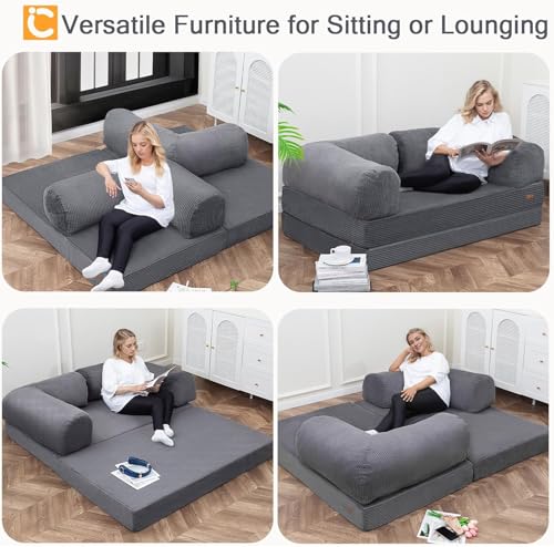 COMAX Folding Sofa Bed Convertible Chair Bed Corduroy 3-in-1 Floor Couch, Dark Grey E940