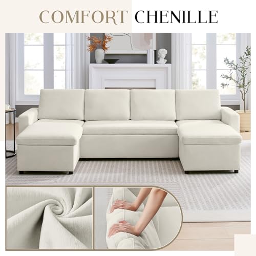 55" 3-in-1 Convertible Sleeper Sofa Bed with Adjustable Backrest, Chenille, Beige R49011