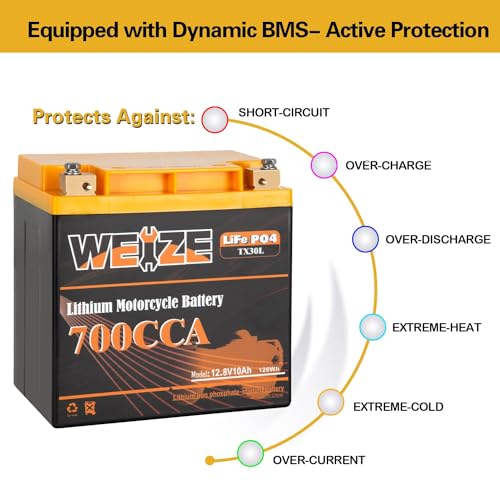 Weize Lithium YTX30L-BS 12V 10AH LiFePO4 Motorcycle Battery with Smart BMS E599001