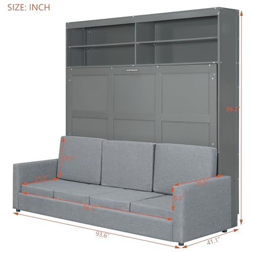 MERITLINE Queen Murphy Bed with Couch and Storage Shelves, White M951