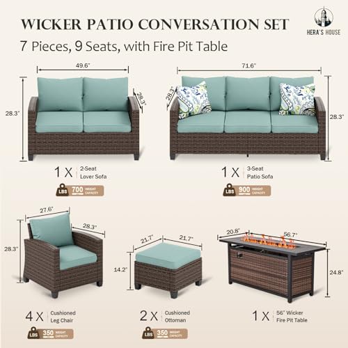 HERA'S HOUSE Patio Furniture Set with 56" Fire Pit Table, 6 Pieces 7 Seats Wicker Sectional Z546196