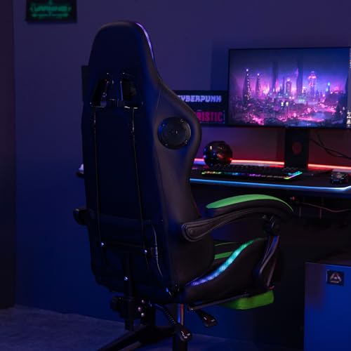 HOFFREE RGB Gaming Chair with Speakers and Footrest, Blue and Black B69323