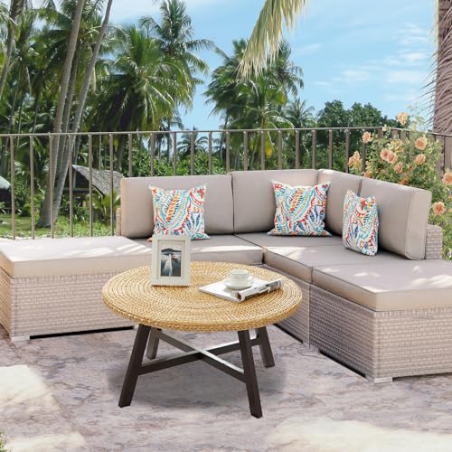 RANDEFURN Round Seagrass Coffee Table with Pine Wood X Base, 32 x 17 Inches E987219