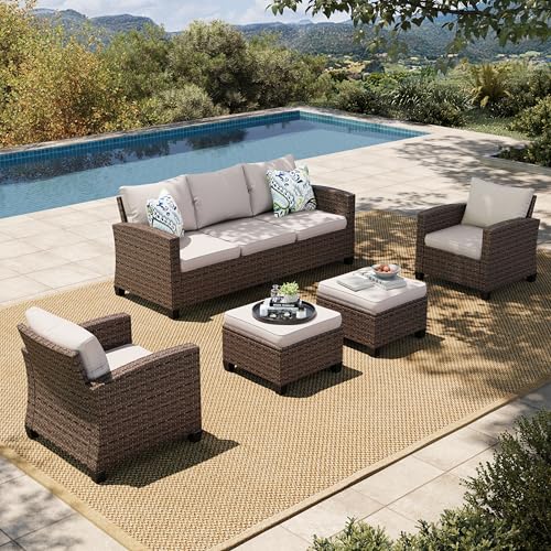 HERA'S HOUSE Patio Furniture Set with 56" Fire Pit Table, Outdoor Patio Conversation Sets, 6 Pieces 7 Seats Wicker Outside Sectional Sofa Set for Lawn Backyard Deck