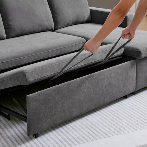55" 3-in-1 Convertible Sleeper Sofa Bed with Adjustable Backrest, Chenille, Beige R49011
