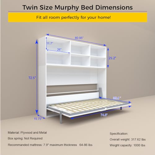White Full Size Murphy Bed Cabinet with Shelf and Drawers Y948
