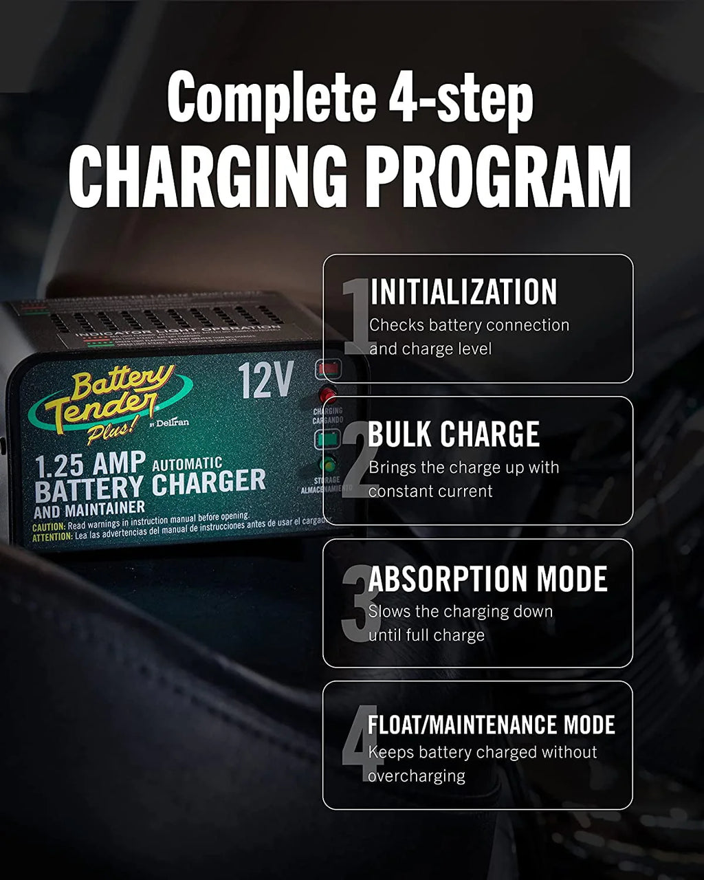 Battery Tender Plus 12V Battery Charger and Maintainer 1.25 Amp for Motorcycles, ATVs, UTVs G9853