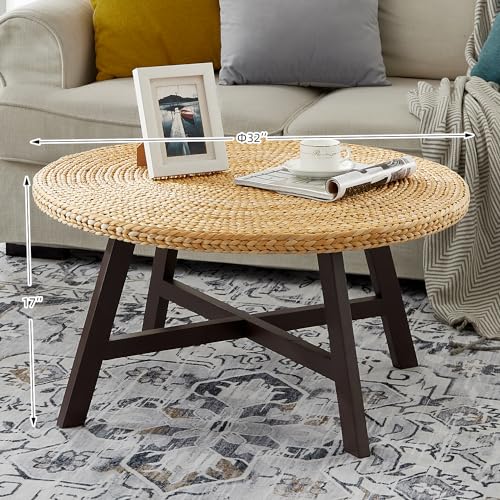 RANDEFURN Round Seagrass Coffee Table with Pine Wood X Base, 32 x 17 Inches E987219