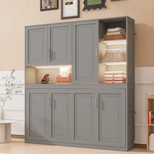 PURLOVE Wood Twin Murphy Bed with Light and USB, Gray W600663