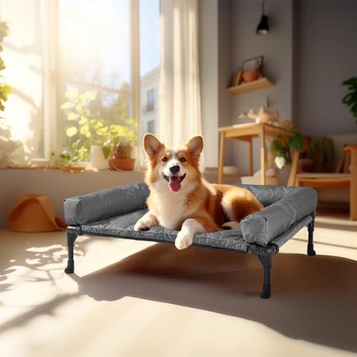Veehoo Elevated Dog Bed with Removable Waterproof Bolster Cushion, Breathable Mesh, Indoor Outdoor, 42x30 inches, Beige U875430