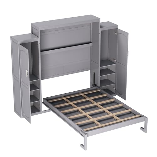 Queen Size Murphy Bed Wall Cabinet with 2 Wardrobes and Storage Shelf, White E955210