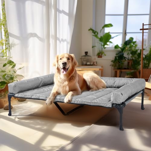 Veehoo Elevated Dog Bed with Removable Waterproof Bolster Cushion, Breathable Mesh, Indoor Outdoor, 42x30 inches, Beige U875430