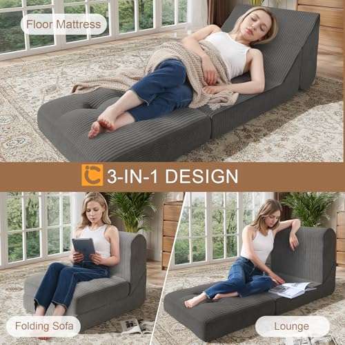 COMAX Folding Sofa Bed Convertible Chair Bed Corduroy 3-in-1 Floor Couch, Dark Grey E940