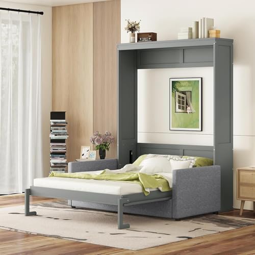 MERITLINE Queen Murphy Bed with Couch and Storage Shelves, White M951