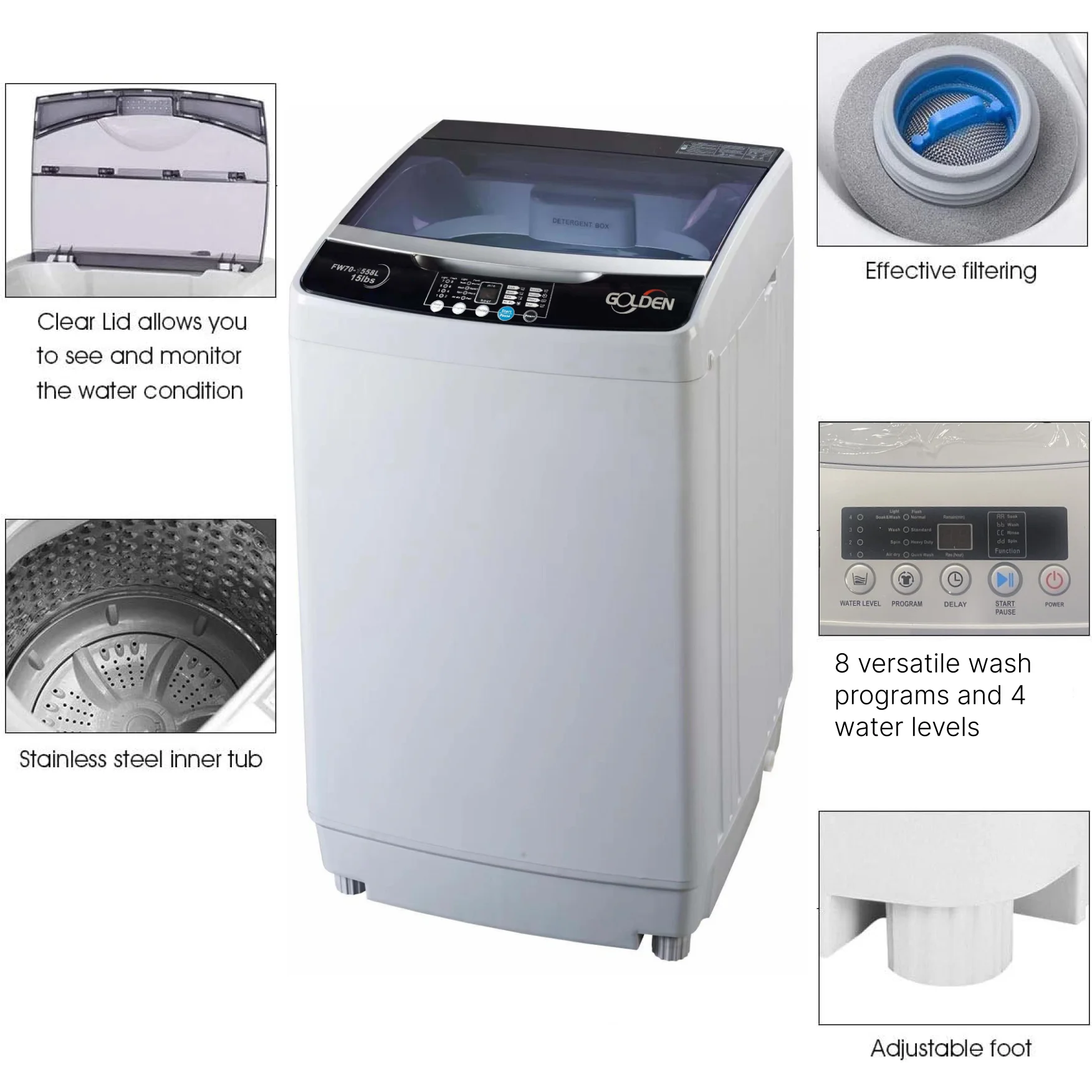 GOLDEN 15.4 lb Portable Washer Top Load with LED Display and Faucet Adapter T68893