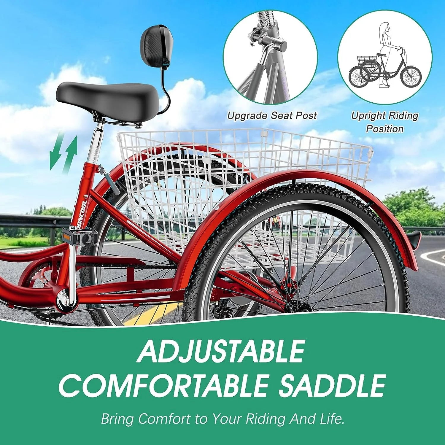 FICISOG 26 Adult Tricycle, 3 Wheel 7 Speed, 450lbs Capacity with Basket X547