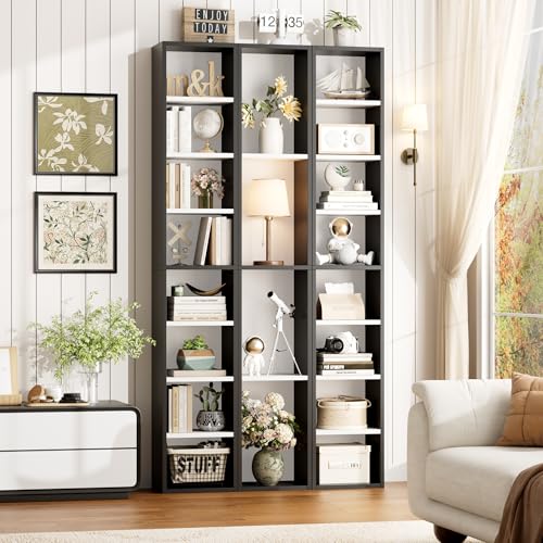 FOTOSOK 8-Tier Media Tower Rack, Tall Narrow Bookcase, Black/Brown W19438