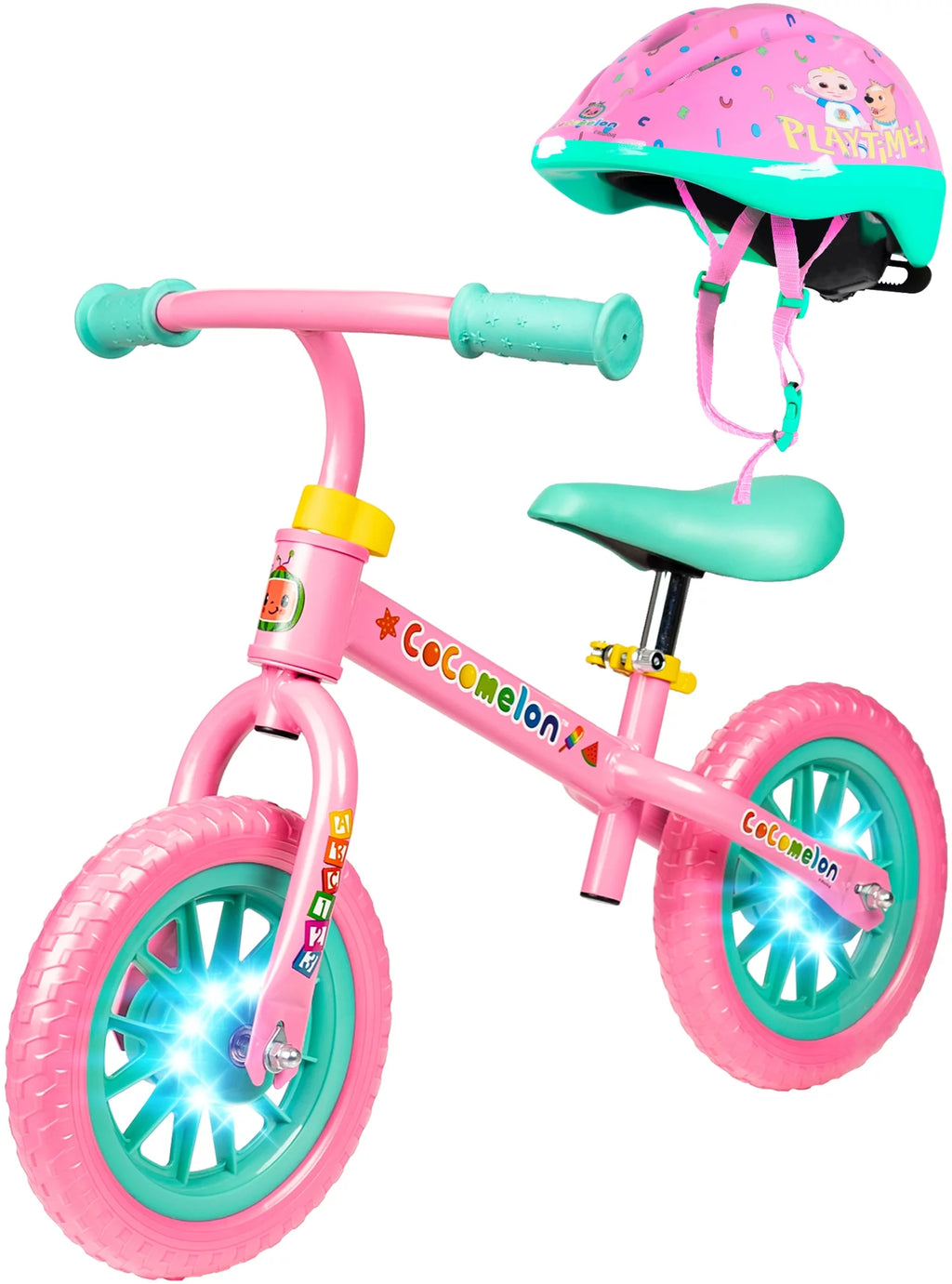 Cocomelon Toddlers Balance Bike Adjustable Helmet Light-up 10 Wheels Lightweight Trainer Blue