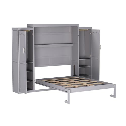 Queen Size Murphy Bed Wall Cabinet with 2 Wardrobes and Storage Shelf, White E955210