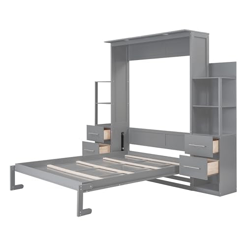 Harper & Bright Designs Gray Queen Murphy Bed with Storage Shelves and LED Light P300147