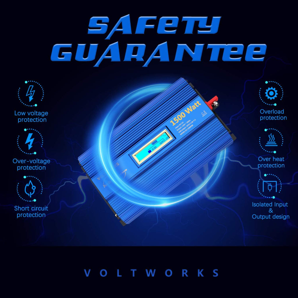 VOLTWORKS 1500W Pure Sine Wave Power Inverter 12V to 110V-120V with Remote Control and Dual USB Ports B91178