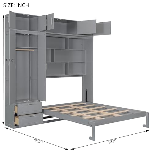 PURLOVE Wood Twin Murphy Bed with Light and USB, Gray W600663