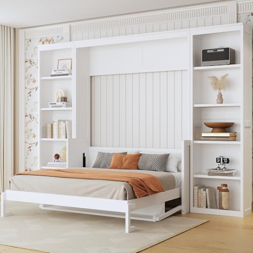 SOFTSEA Full Size Murphy Bed with Desk and Shelves, White F195