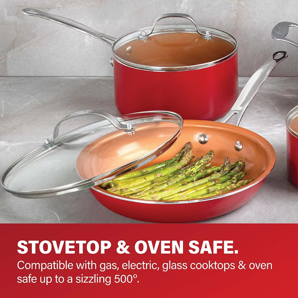 Gotham Steel 32 Pcs Cookware Set with Bakeware and Food Storage, Red B614356