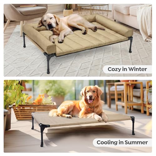 Veehoo Elevated Dog Bed with Removable Waterproof Bolster Cushion, Breathable Mesh, Indoor Outdoor, 42x30 inches, Beige U875430