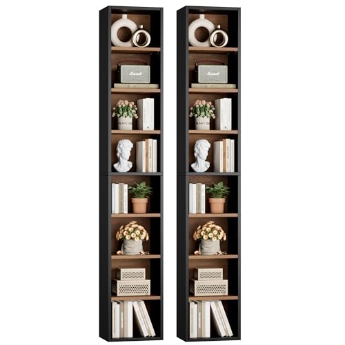 FOTOSOK 8-Tier Media Tower Rack, Tall Narrow Bookcase, Black/Brown W19438