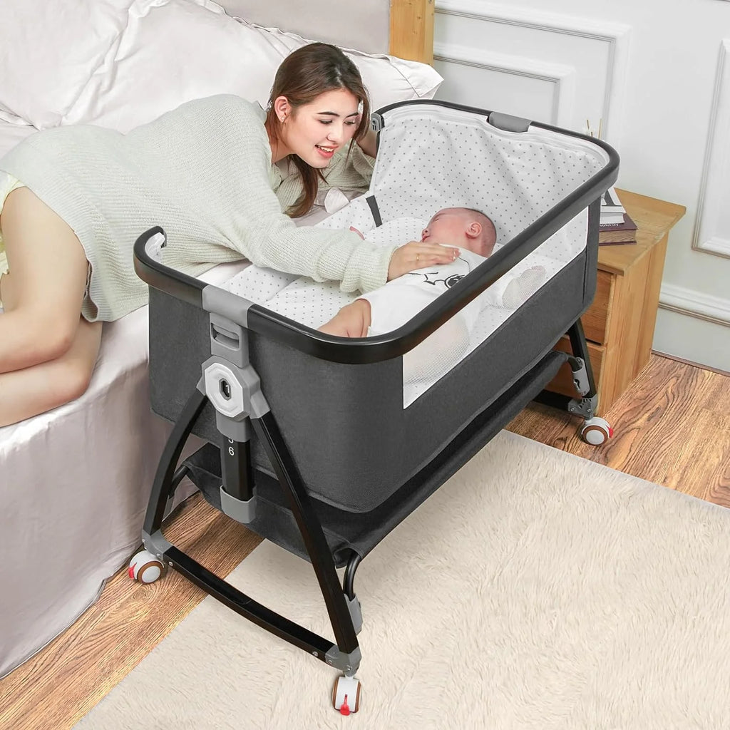 Baby Bassinet Bedside Sleeper. Bedside Bassinet for Baby. 3 in 1 Bedside Crib with Adjustable 6 Height. Portable Bassinet for Newborn/Infant. Baby Bassinet with Wheels/Storage Basket/Mosquito Net