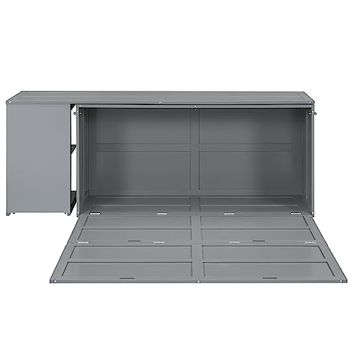 Merax Queen Murphy Bed with Rotable Desk, Storage Shelves, Grey W17874