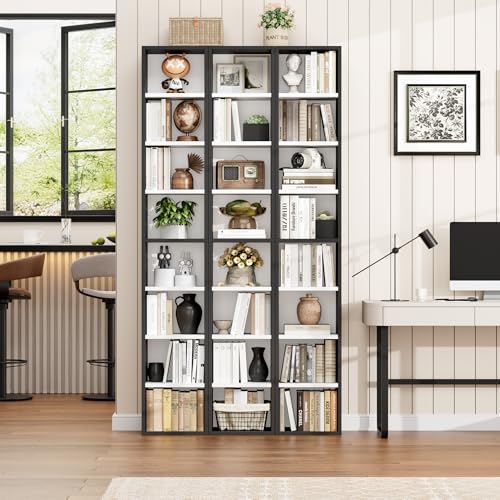 FOTOSOK 8-Tier Media Tower Rack, Tall Narrow Bookcase, Black/Brown W19438