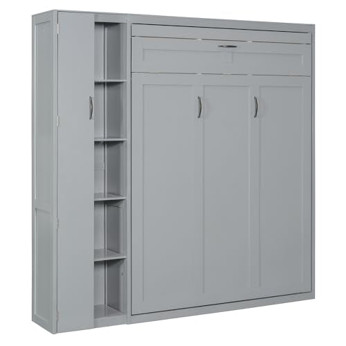 Harper & Bright Designs Queen Murphy Bed with Storage Shelves and LED Lights, Gray D9429