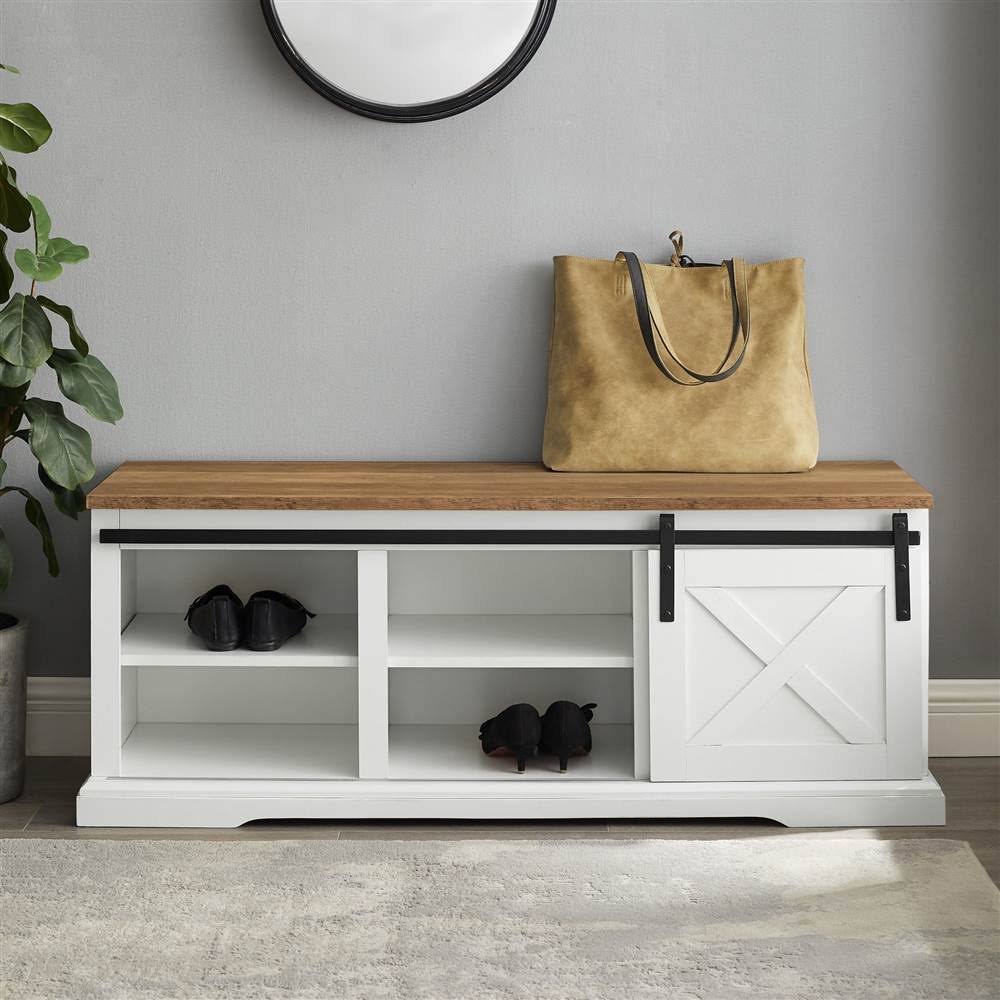 Walker Edison Sliding Barn Door Entry Bench - White / Reclaimed Barnwood U567