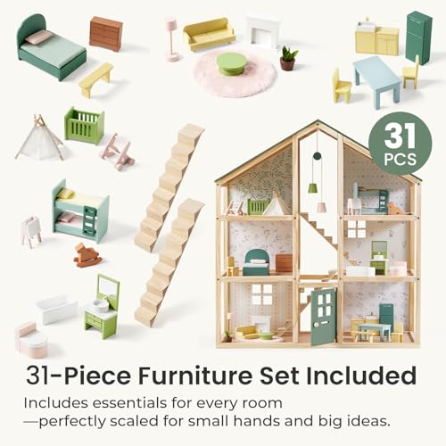 Tiny Land Wooden Dollhouse for Girls with 31Pcs Furniture Accessories, Green L263