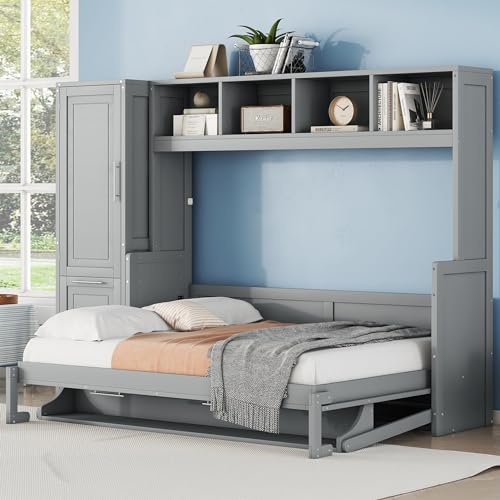 Linique Murphy Cabinet Wall Bed with Closet, Drawers and Top Shelf, Gray K190832