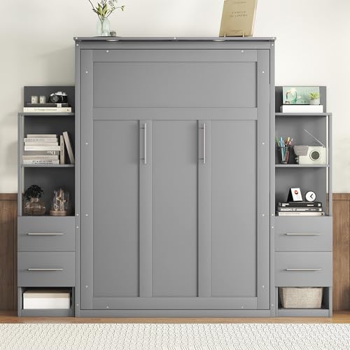 Full Size Murphy Bed with Drawers, Cabinets and USB Ports, Gray D589081