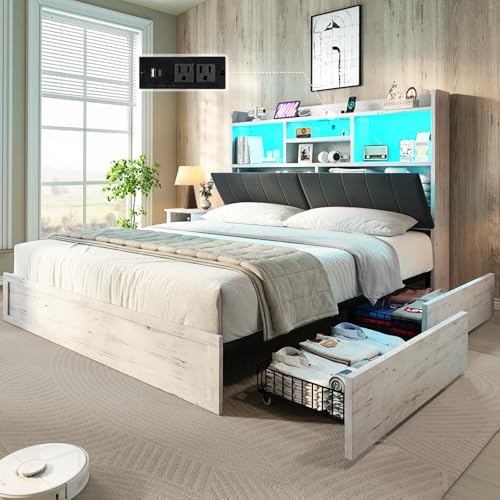 Farmhouse Bed Frame with Bookcase Headboard, LED Storage, Black G550865