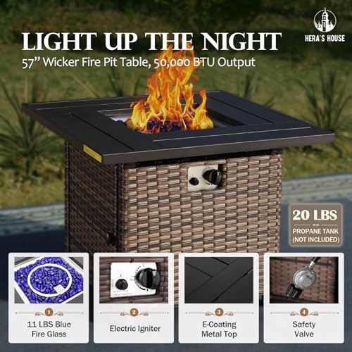 HERA'S HOUSE Patio Furniture Set with 56" Fire Pit Table, 6 Pieces 7 Seats Wicker Sectional Z546196