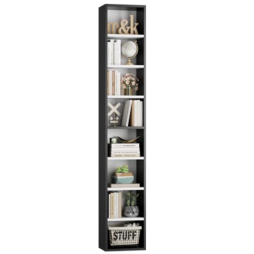 FOTOSOK 8-Tier Media Tower Rack, Tall Narrow Bookcase, Black/Brown W19438