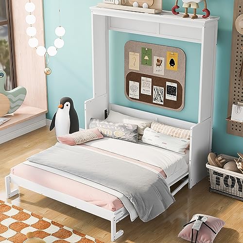 Queen Size Murphy Bed with Foldable Shelf/Desk, Solid Pine Wood, White P330