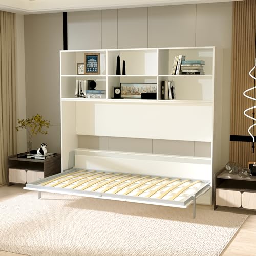 White Full Size Murphy Bed Cabinet with Shelf and Drawers Y948