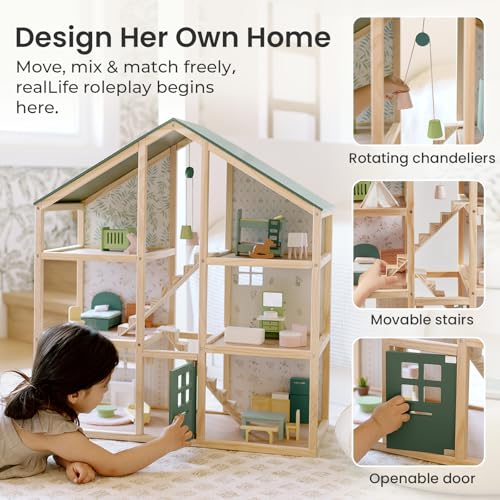 Tiny Land Wooden Dollhouse for Girls with 31Pcs Furniture Accessories, Green L263